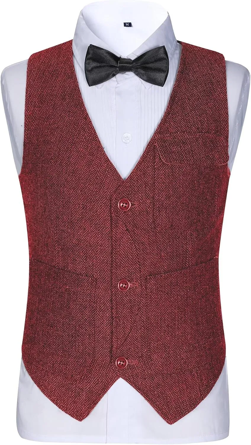 Retro Boys Tweed Vest for Kids Formal Dress Herringbone Suit Vest for Toddler Boy Wedding Waistcoat