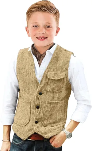 Retro Boys Tweed Vest for Kids Formal Dress Herringbone Suit Vest for Toddler Boy Wedding Waistcoat