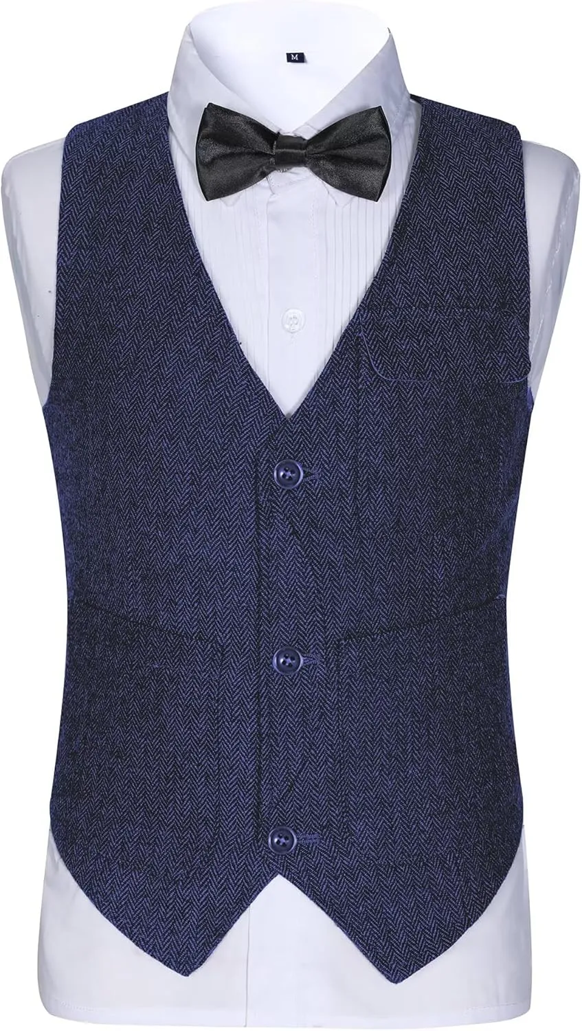 Retro Boys Tweed Vest for Kids Formal Dress Herringbone Suit Vest for Toddler Boy Wedding Waistcoat
