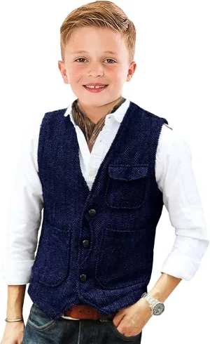 Retro Boys Tweed Vest for Kids Formal Dress Herringbone Suit Vest for Toddler Boy Wedding Waistcoat