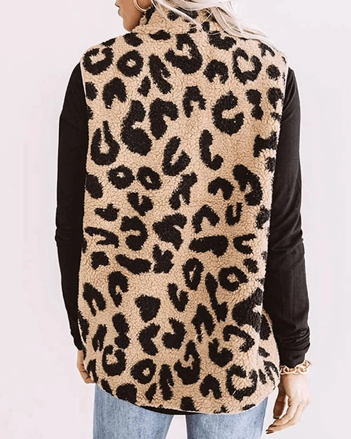 RINTONIX Womens Sleeveless Zip Up Fuzzy Leopard Sherpa Vest Coat with Pocket Cheetah Polar Fleece Zipper Vest Cardigan