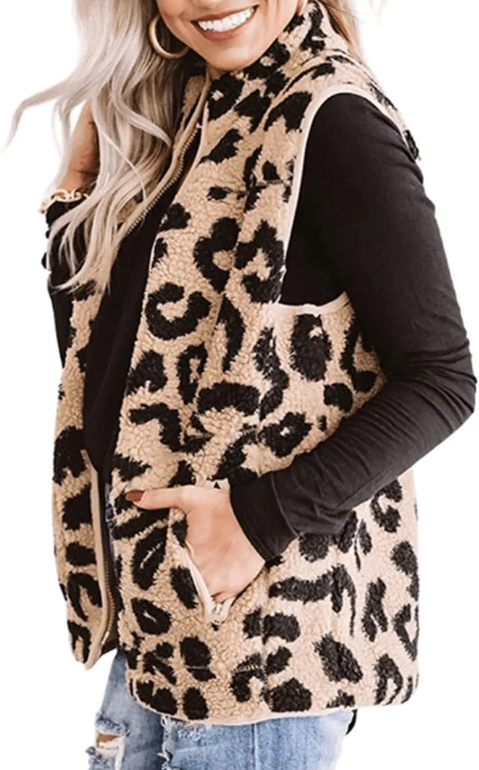 RINTONIX Womens Sleeveless Zip Up Fuzzy Leopard Sherpa Vest Coat with Pocket Cheetah Polar Fleece Zipper Vest Cardigan