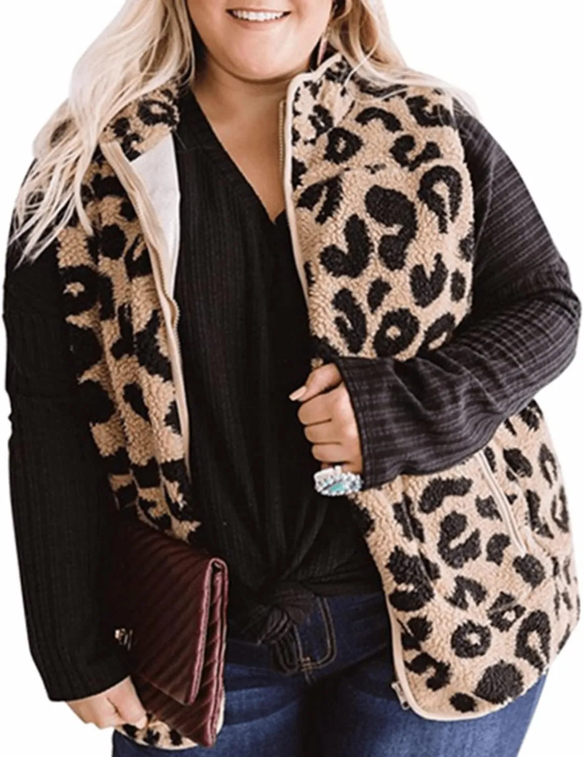 RINTONIX Womens Sleeveless Zip Up Fuzzy Leopard Sherpa Vest Coat with Pocket Cheetah Polar Fleece Zipper Vest Cardigan