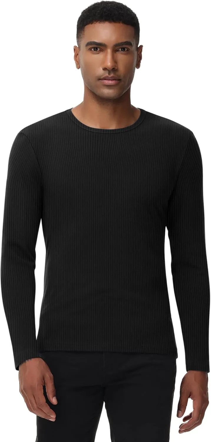 Riyiper 3 Pack Men's Ribbed Thermal Shirts Crew Neck Long Sleeve Tops Winter Stretchy Slim Basic Undershirt