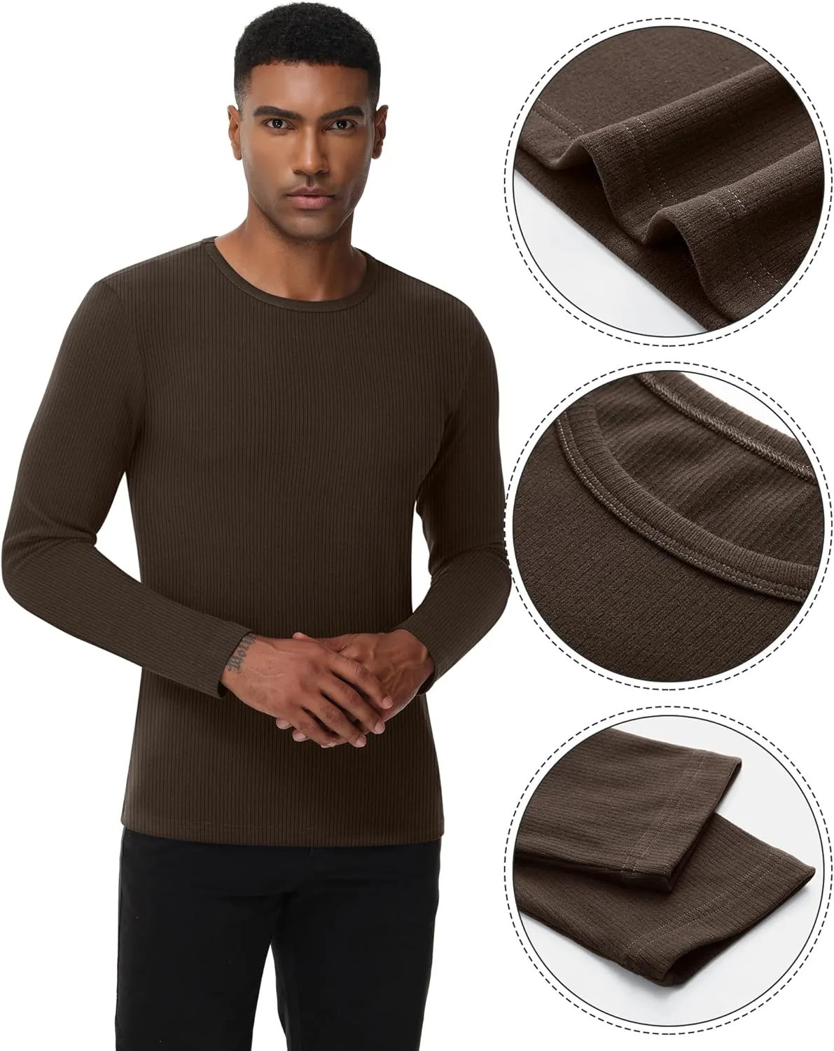 Riyiper 3 Pack Men's Ribbed Thermal Shirts Crew Neck Long Sleeve Tops Winter Stretchy Slim Basic Undershirt