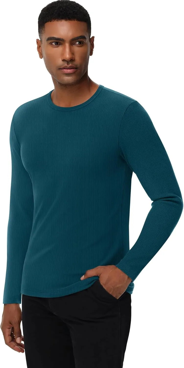 Riyiper 3 Pack Men's Ribbed Thermal Shirts Crew Neck Long Sleeve Tops Winter Stretchy Slim Basic Undershirt