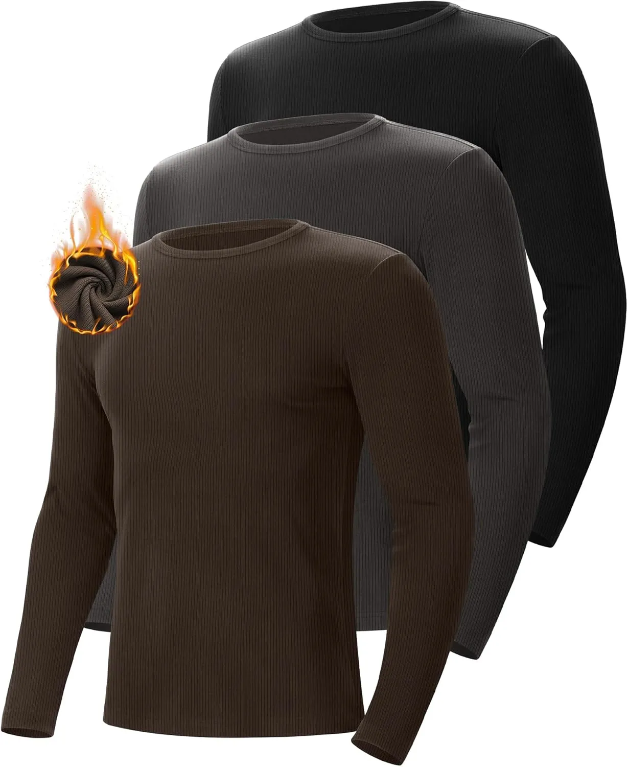 Riyiper 3 Pack Men's Ribbed Thermal Shirts Crew Neck Long Sleeve Tops Winter Stretchy Slim Basic Undershirt