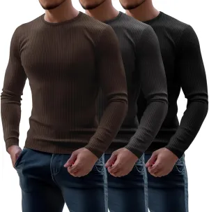 Riyiper 3 Pack Men's Ribbed Thermal Shirts Crew Neck Long Sleeve Tops Winter Stretchy Slim Basic Undershirt