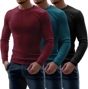 Riyiper 3 Pack Men's Ribbed Thermal Shirts Crew Neck Long Sleeve Tops Winter Stretchy Slim Basic Undershirt