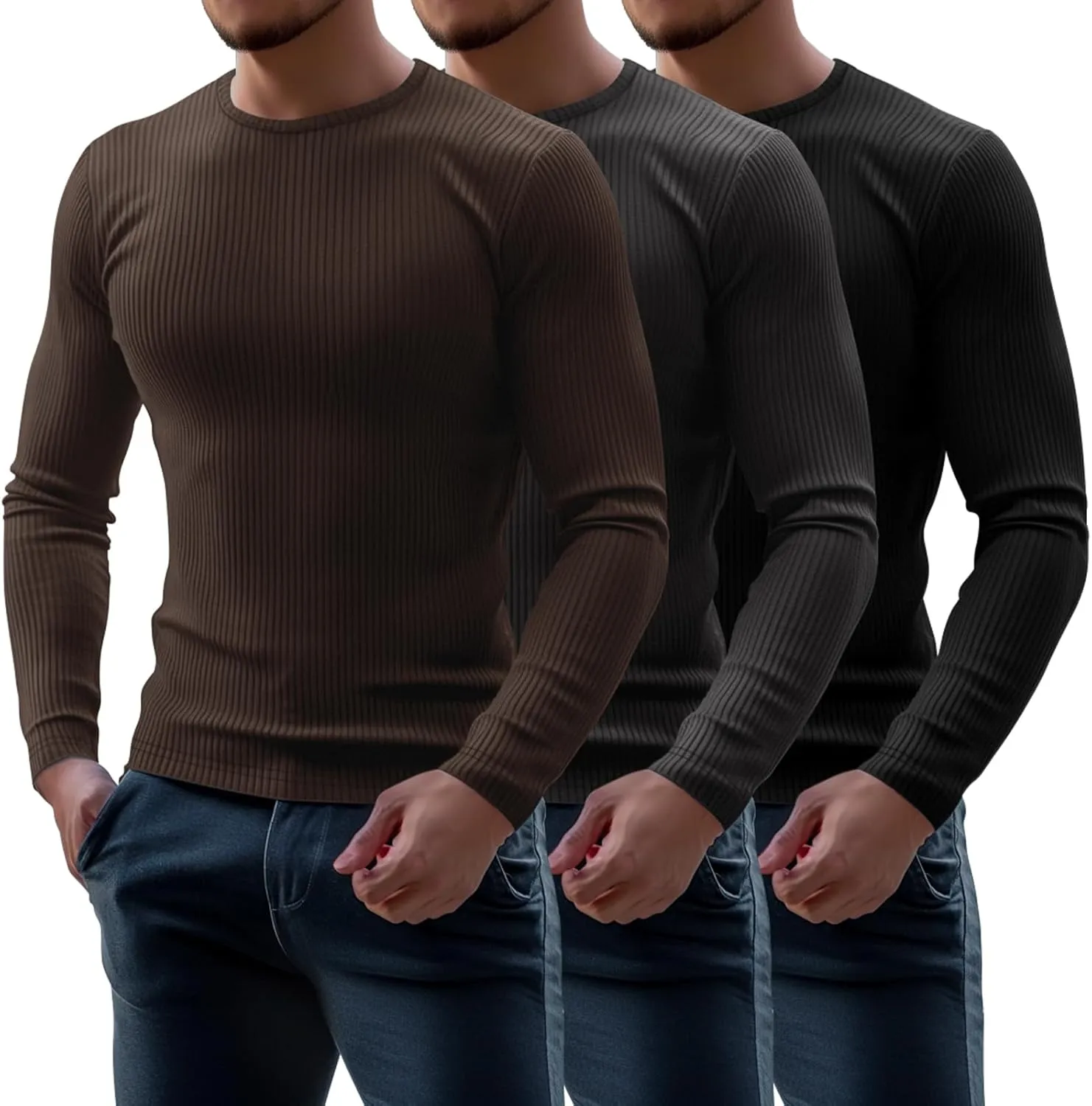 Riyiper 3 Pack Men's Ribbed Thermal Shirts Crew Neck Long Sleeve Tops Winter Stretchy Slim Basic Undershirt