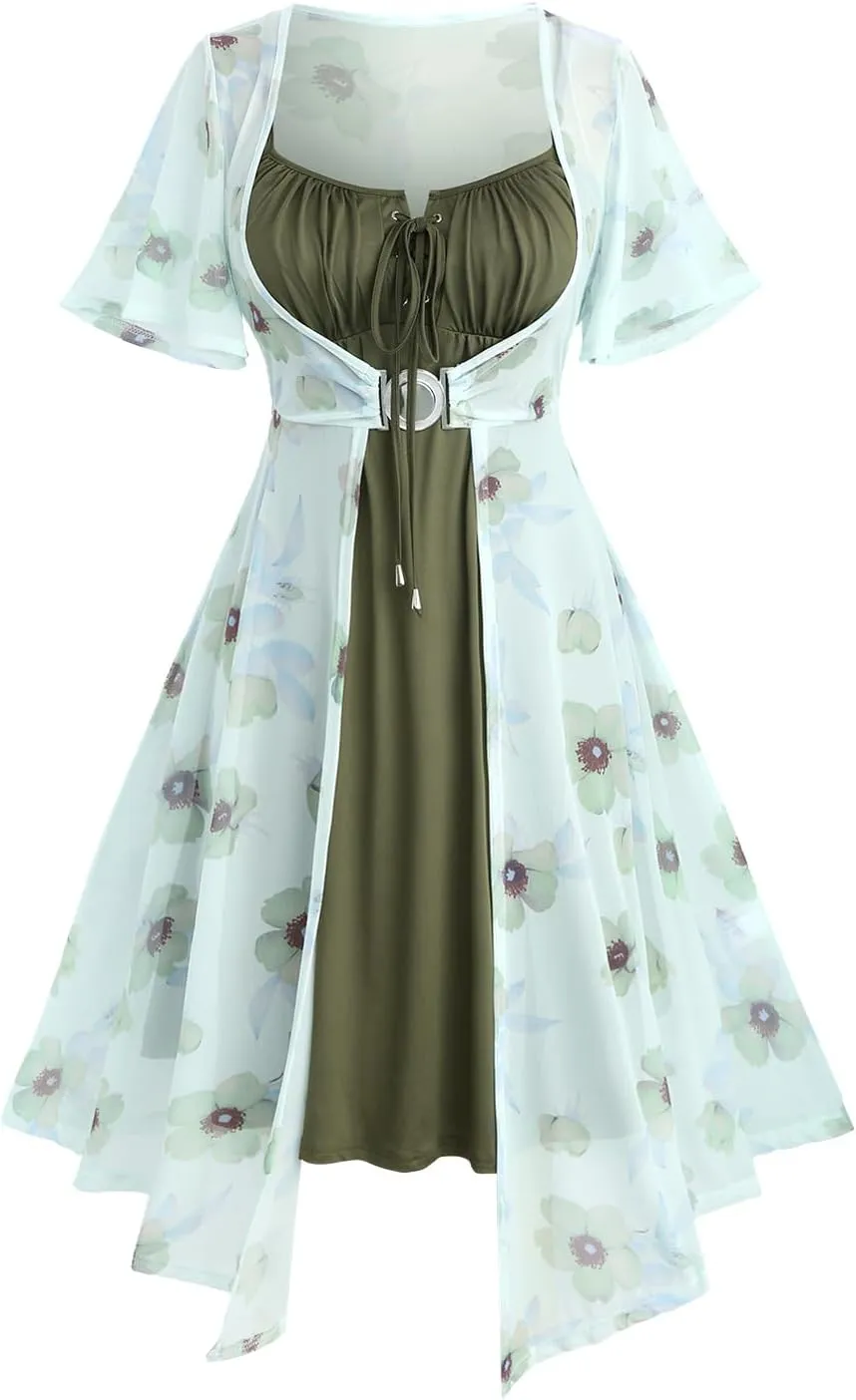 ROSE GAL Rosegal Plus Size Women Sundress Set Flutter Sleeves Floral Dress and Lace-up Cami Dress