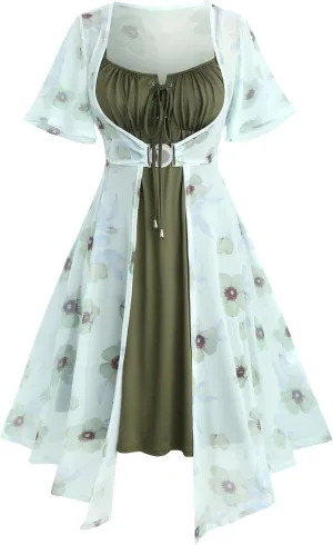 ROSE GAL Rosegal Plus Size Women Sundress Set Flutter Sleeves Floral Dress and Lace-up Cami Dress