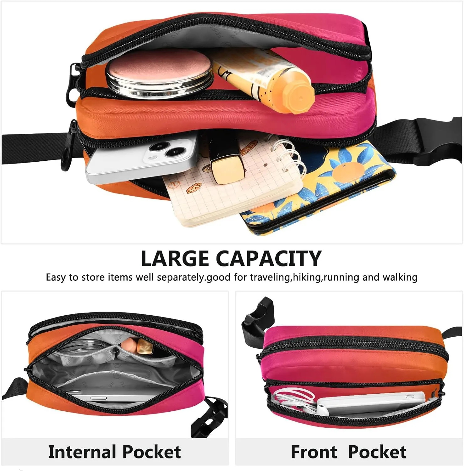 Rose Red Gradient Fanny Pack for Women Men Belt Bag Crossbody Waist Pouch Waterproof Everywhere Purse Fashion Sling Bag for Running Hiking Workout Travel