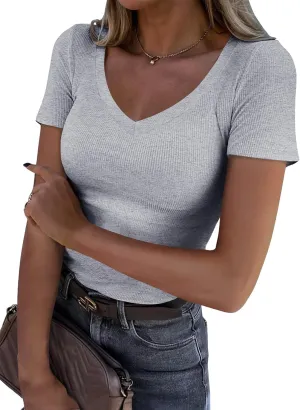 Roselux Women V Neck Ribbed Fitted Tight Tshirt Short Sleeve Shirt Basic Knit Top