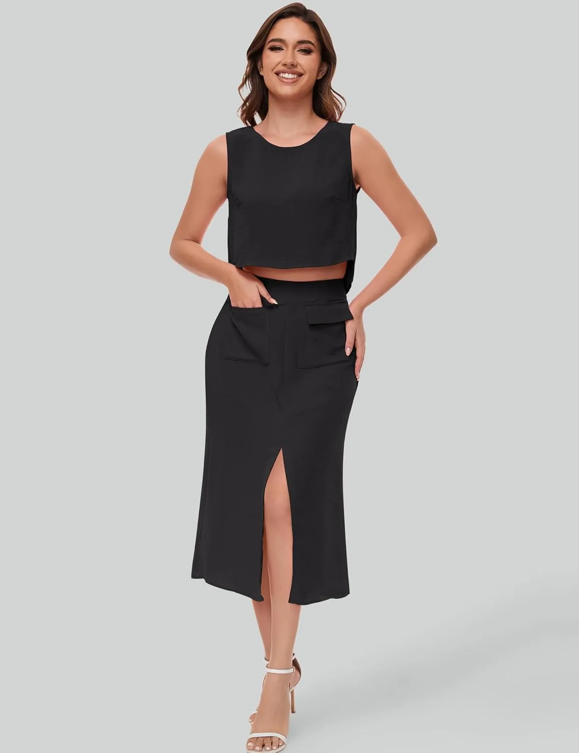 ROYLAMP Women's Summer 2 Piece Outfits Round Neck Crop Top and Split Long Skirt Elegant Casual Matching Set with Pockets