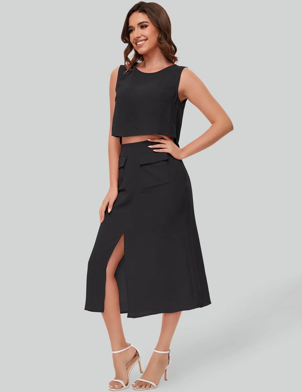 ROYLAMP Women's Summer 2 Piece Outfits Round Neck Crop Top and Split Long Skirt Elegant Casual Matching Set with Pockets