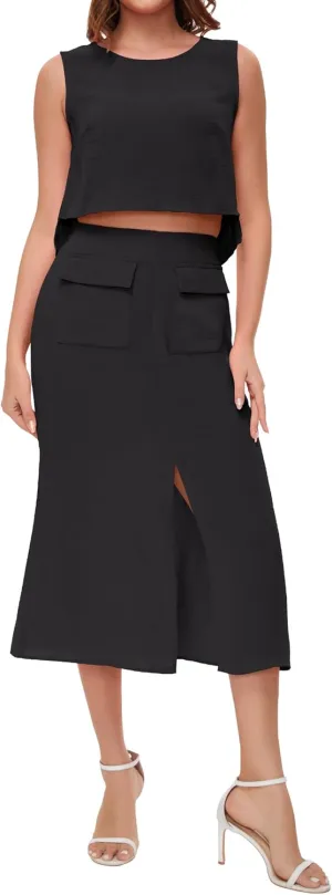 ROYLAMP Women's Summer 2 Piece Outfits Round Neck Crop Top and Split Long Skirt Elegant Casual Matching Set with Pockets