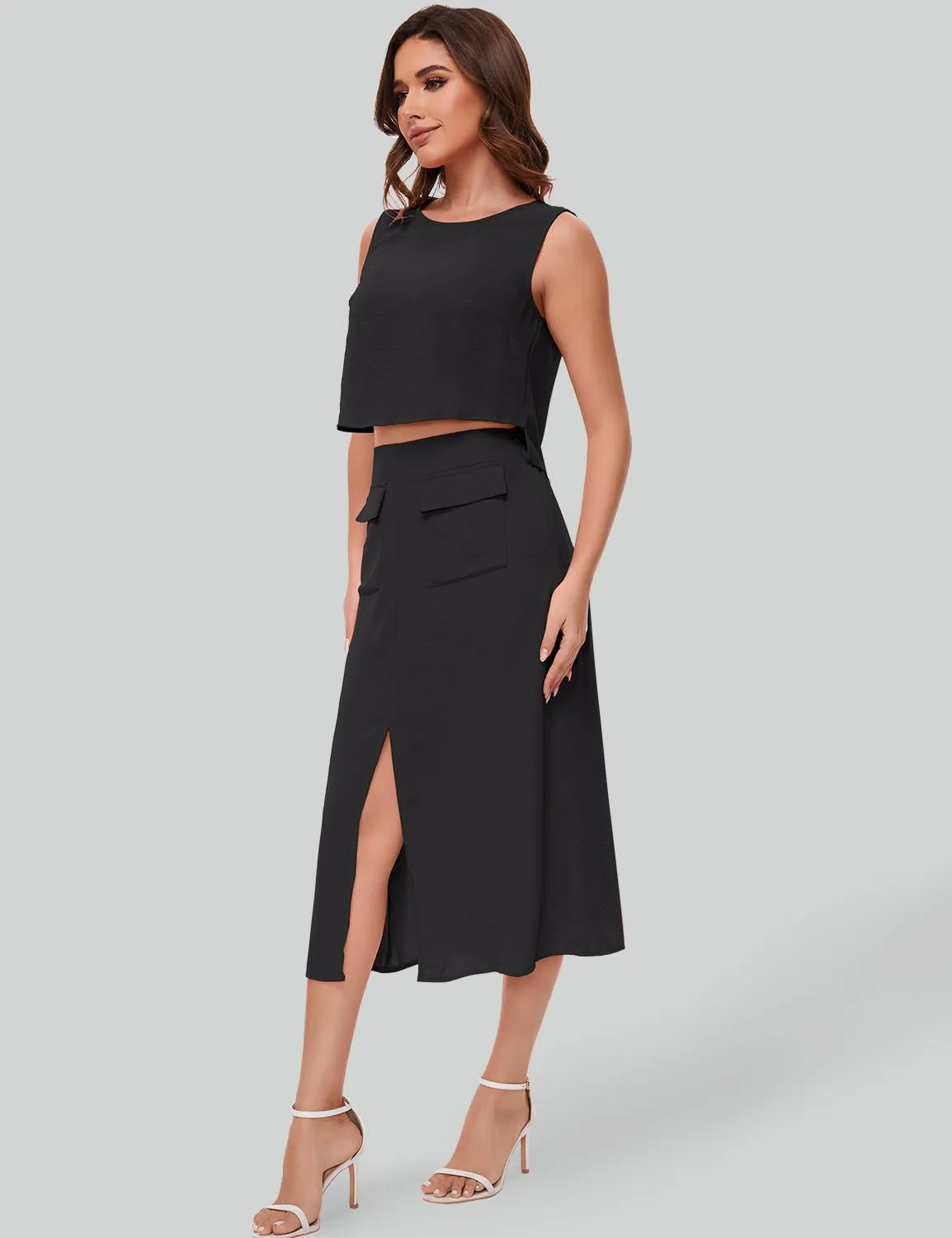 ROYLAMP Women's Summer 2 Piece Outfits Round Neck Crop Top and Split Long Skirt Elegant Casual Matching Set with Pockets