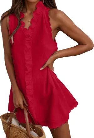 Ruffle Linen Mini Dress Women Summer Sleeveless V Neck Beach Sundress Casual Vacation Loose Short Shift Tank Dress
