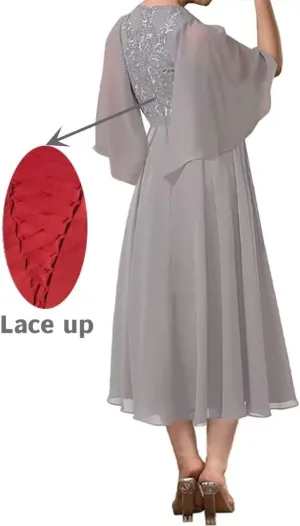 Ruffle Sleeves Mother of The Bride Dresses Tea Length Appliques Chiffon Formal Evening Gown for Wedding