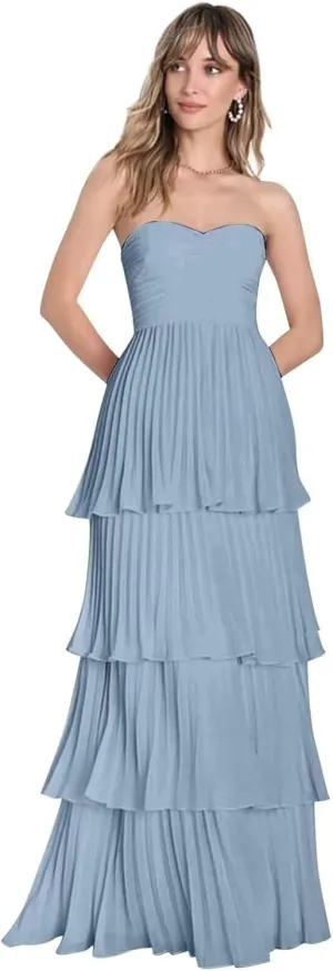 Ruffle Tiered Chiffon Prom Dresses Long Strapless Bridesmaid Dresses Sweetheart Formal Evening Gowns