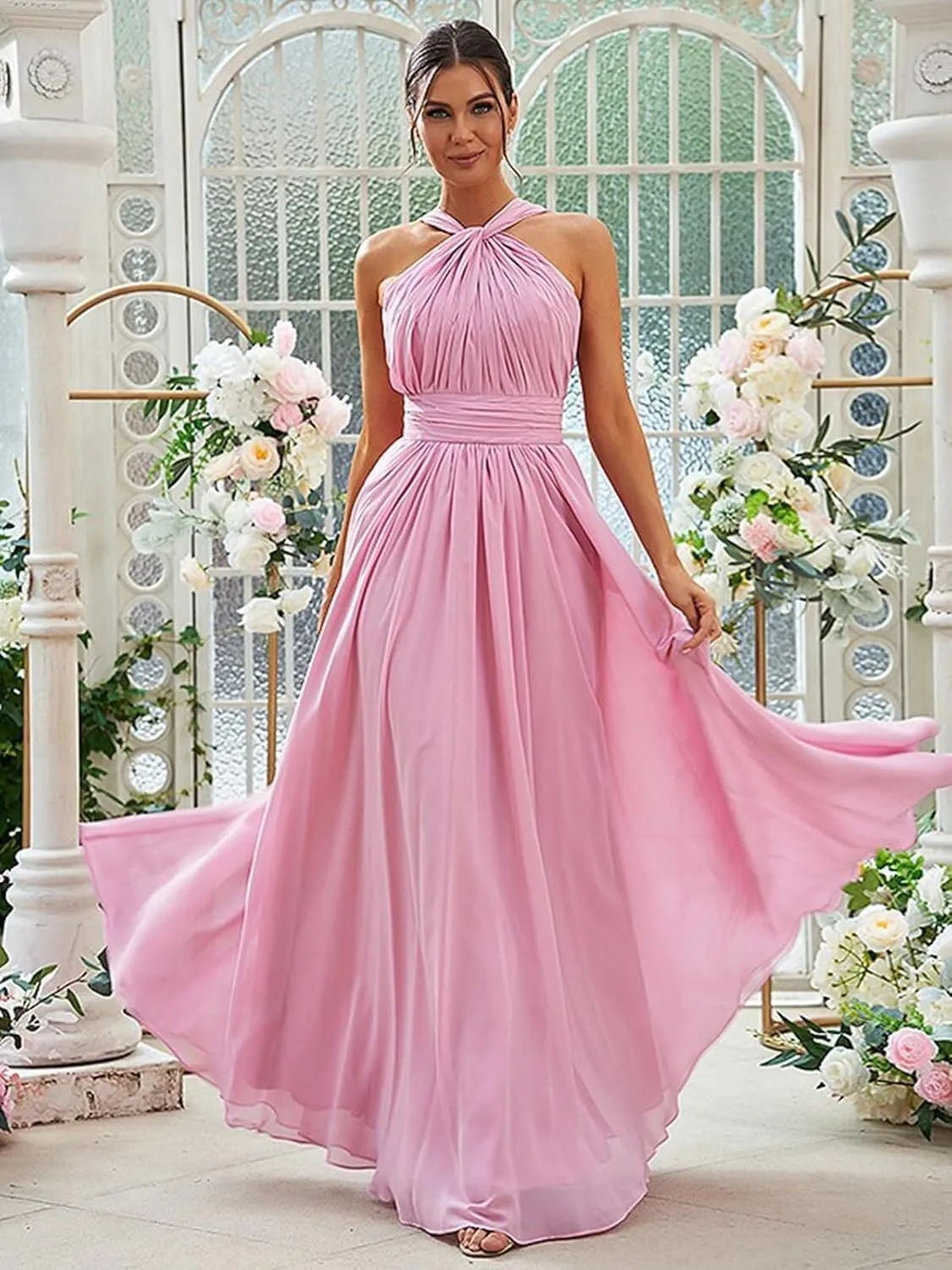 RYANTH Halter Chiffon Long Bridesmaid Dresses for Women A Line Ruched Formal Gown Evening Dress with Pocket B1003