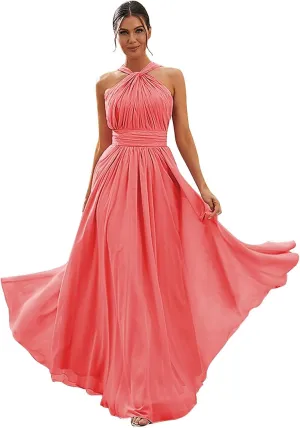 RYANTH Halter Chiffon Long Bridesmaid Dresses for Women A Line Ruched Formal Gown Evening Dress with Pocket B1003
