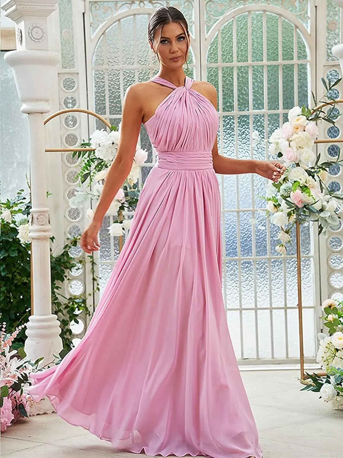 RYANTH Halter Chiffon Long Bridesmaid Dresses for Women A Line Ruched Formal Gown Evening Dress with Pocket B1003