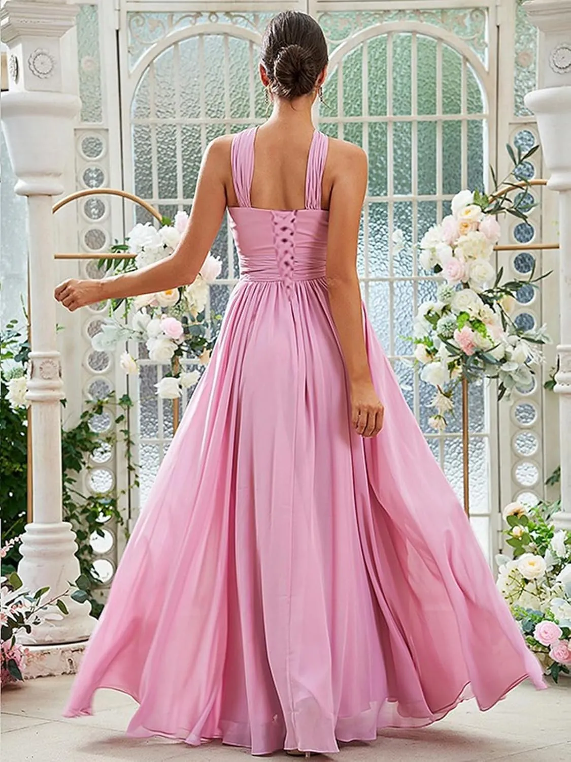 RYANTH Halter Chiffon Long Bridesmaid Dresses for Women A Line Ruched Formal Gown Evening Dress with Pocket B1003