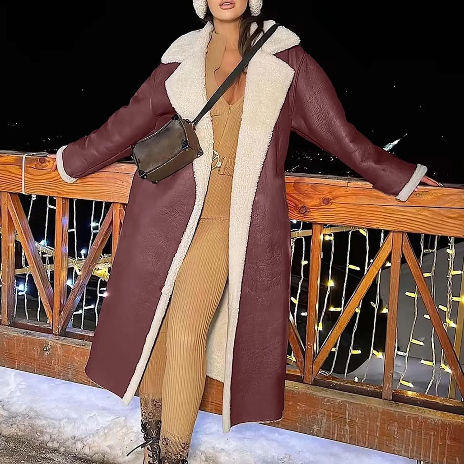 SACFOF Women Sherpa Lined Long Jacket Faux Leather Shearling Jacket Fur Collar Long Trench Coats Winter Lapel Fleece Coat