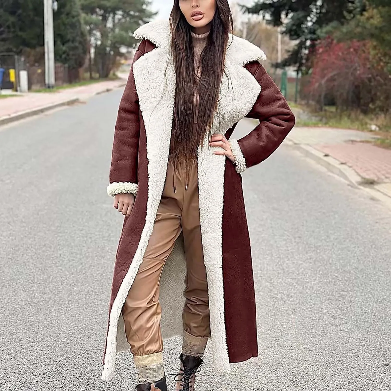 SACFOF Women Sherpa Lined Long Jacket Faux Leather Shearling Jacket Fur Collar Long Trench Coats Winter Lapel Fleece Coat
