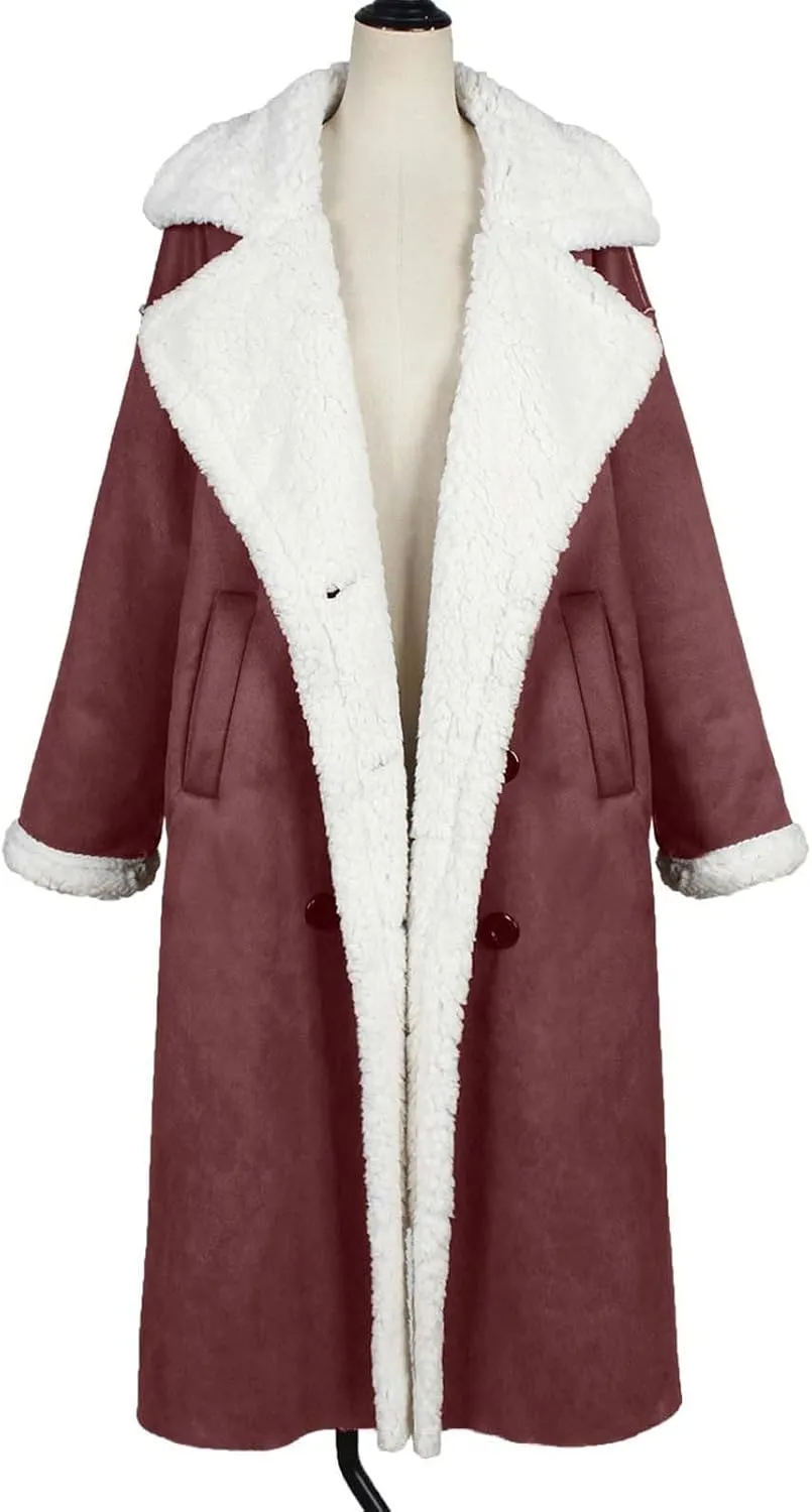 SACFOF Women Sherpa Lined Long Jacket Faux Leather Shearling Jacket Fur Collar Long Trench Coats Winter Lapel Fleece Coat