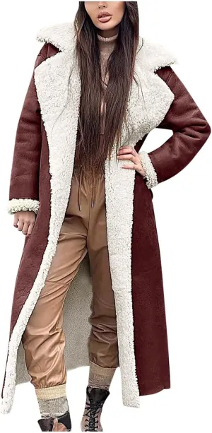 SACFOF Women Sherpa Lined Long Jacket Faux Leather Shearling Jacket Fur Collar Long Trench Coats Winter Lapel Fleece Coat