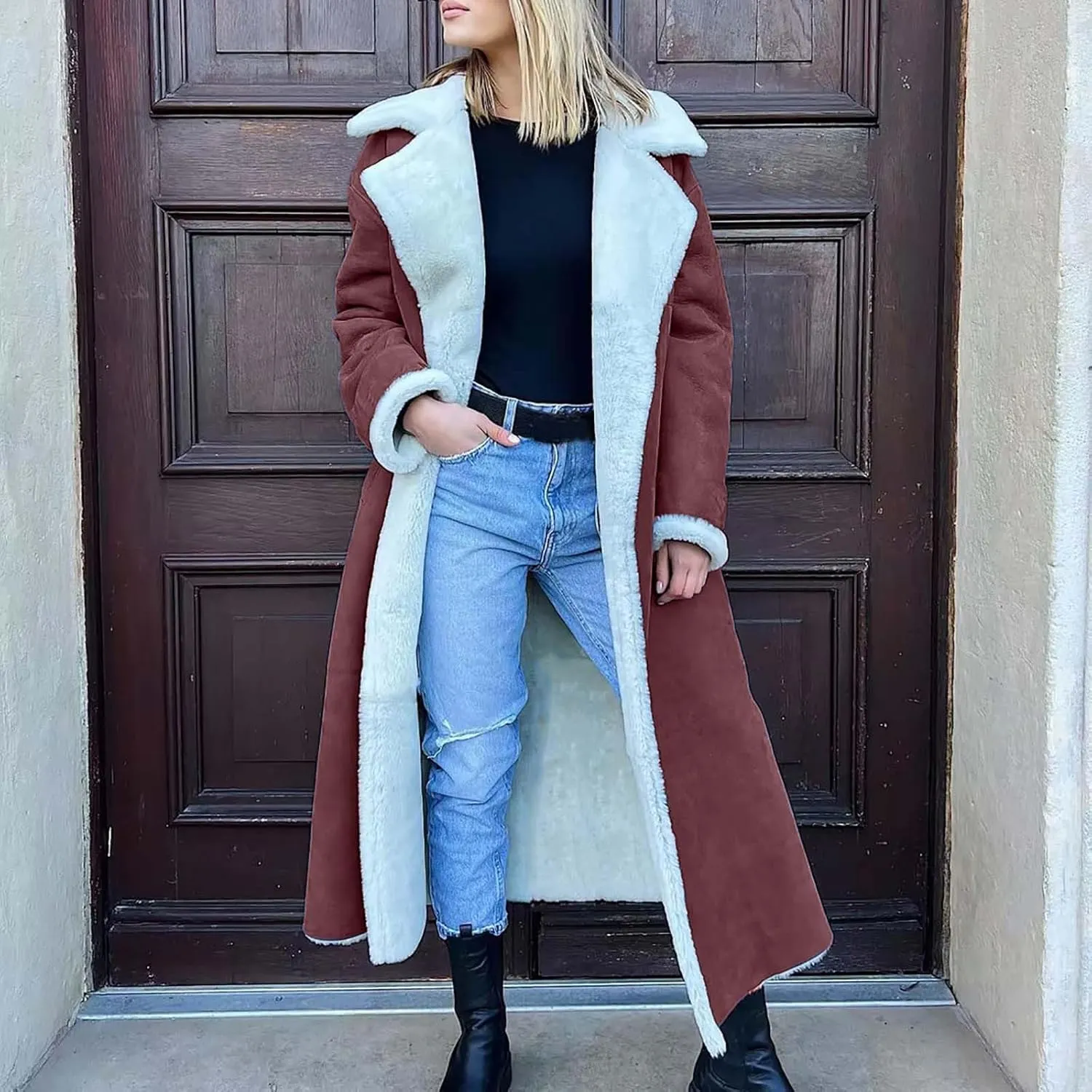 SACFOF Women Sherpa Lined Long Jacket Faux Leather Shearling Jacket Fur Collar Long Trench Coats Winter Lapel Fleece Coat