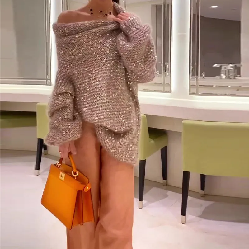 Sequin shoulder loose sweater