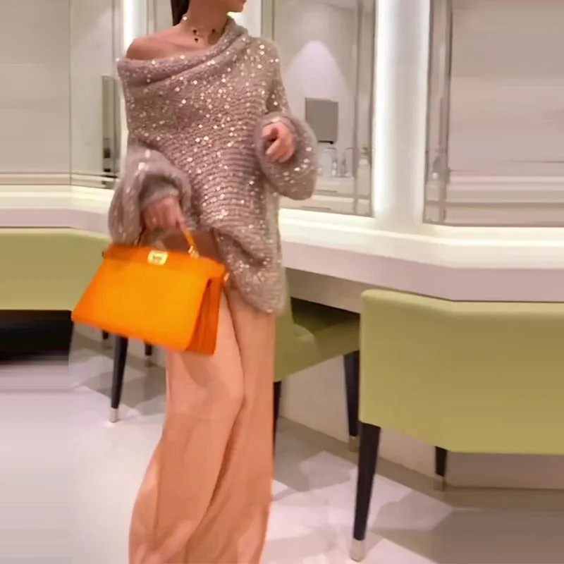 Sequin shoulder loose sweater
