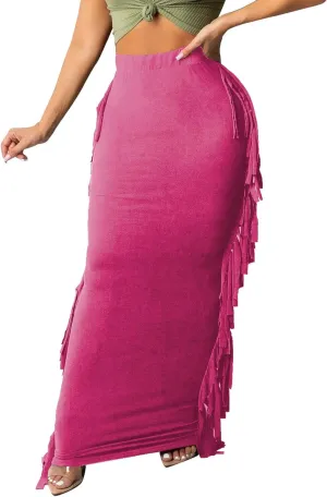 Sexyshine Women's Elastic High Waist Bodycon Side Tassels Maxi Skirts Fringed Long Pencil Skirt Club Party Dresses