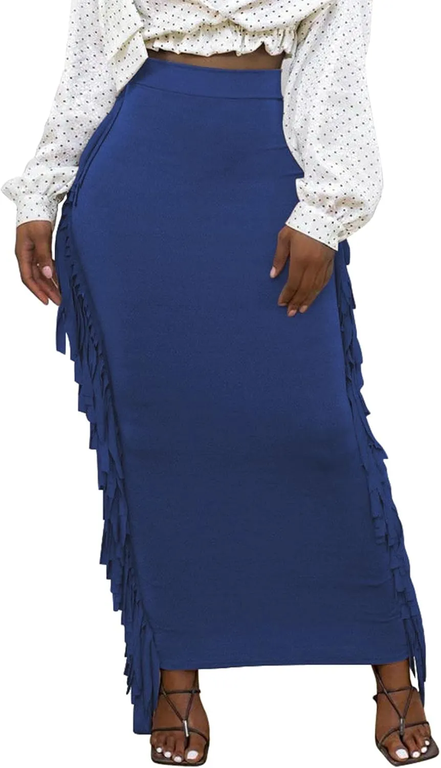 Sexyshine Women's Elastic High Waist Bodycon Side Tassels Maxi Skirts Fringed Long Pencil Skirt Club Party Dresses