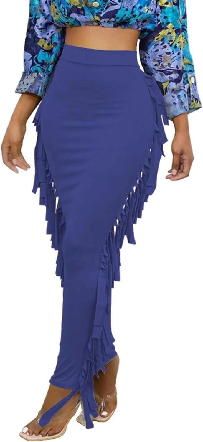 Sexyshine Women's Elastic High Waist Bodycon Side Tassels Maxi Skirts Fringed Long Pencil Skirt Club Party Dresses
