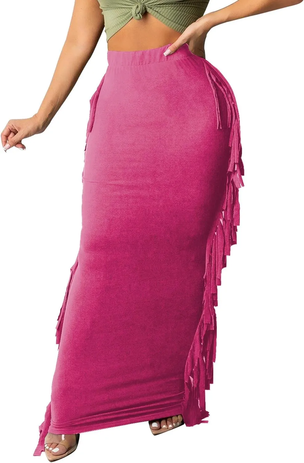 Sexyshine Women's Elastic High Waist Bodycon Side Tassels Maxi Skirts Fringed Long Pencil Skirt Club Party Dresses
