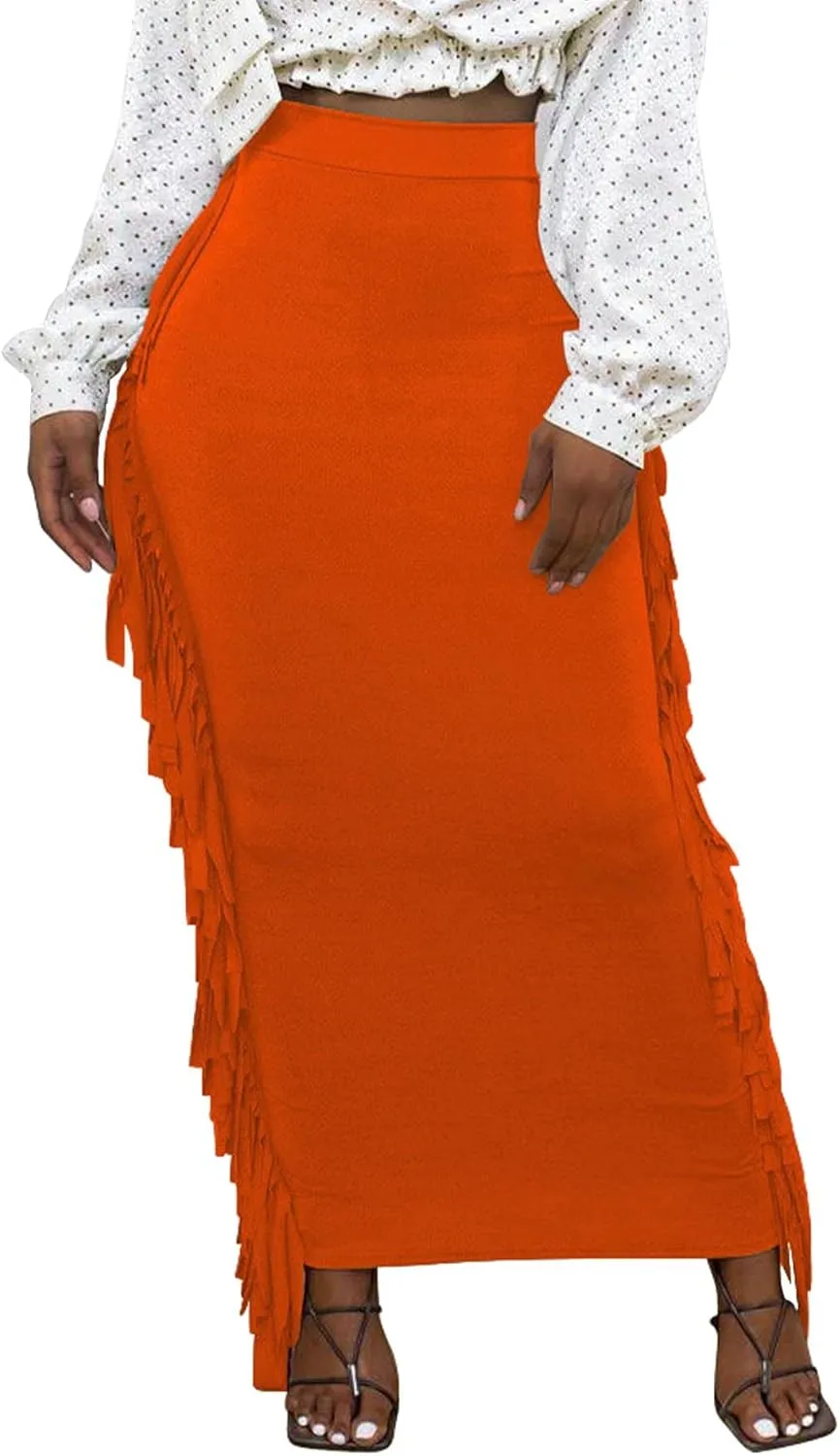 Sexyshine Women's Elastic High Waist Bodycon Side Tassels Maxi Skirts Fringed Long Pencil Skirt Club Party Dresses