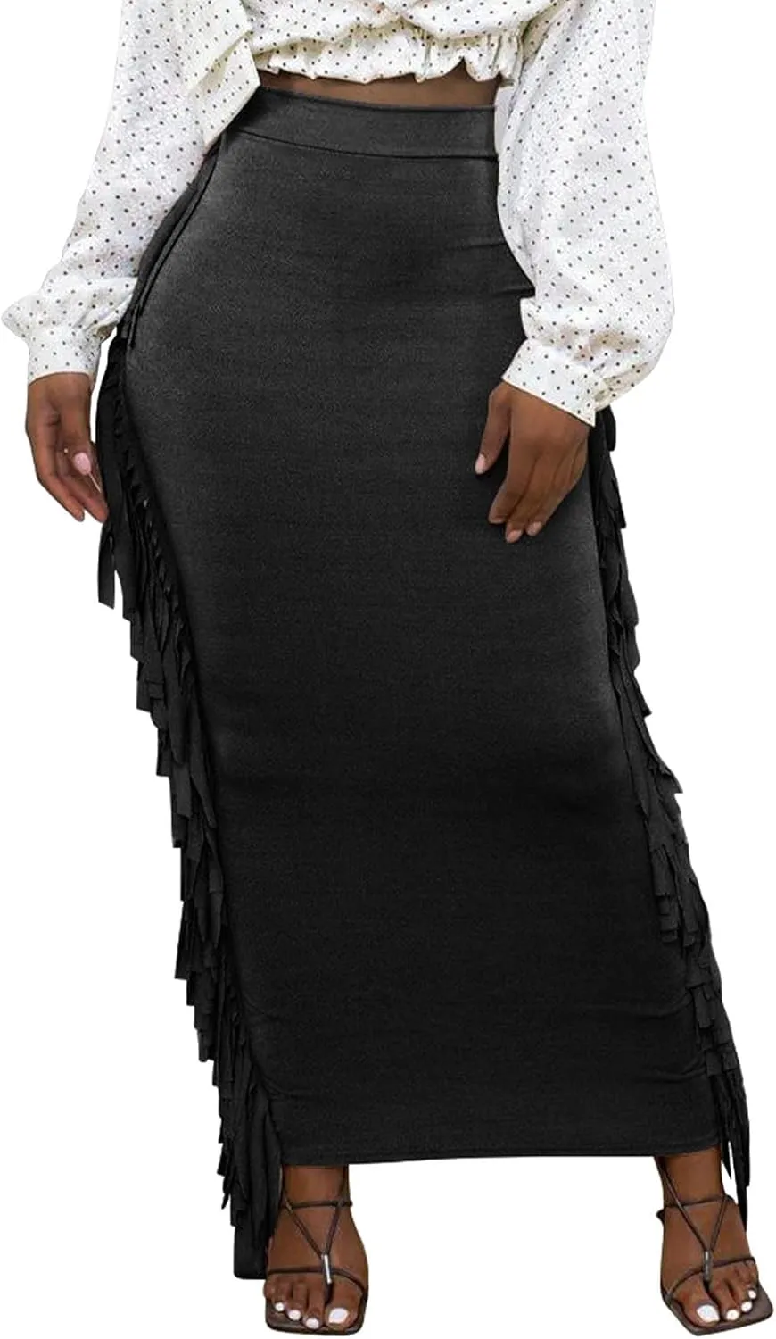 Sexyshine Women's Elastic High Waist Bodycon Side Tassels Maxi Skirts Fringed Long Pencil Skirt Club Party Dresses