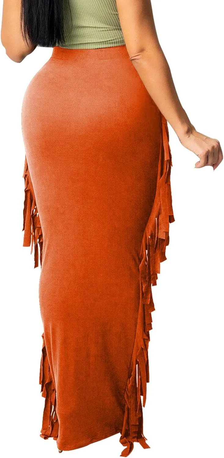 Sexyshine Women's Elastic High Waist Bodycon Side Tassels Maxi Skirts Fringed Long Pencil Skirt Club Party Dresses