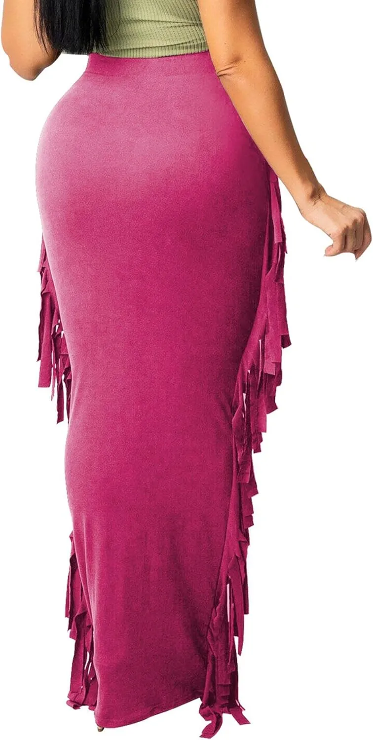 Sexyshine Women's Elastic High Waist Bodycon Side Tassels Maxi Skirts Fringed Long Pencil Skirt Club Party Dresses