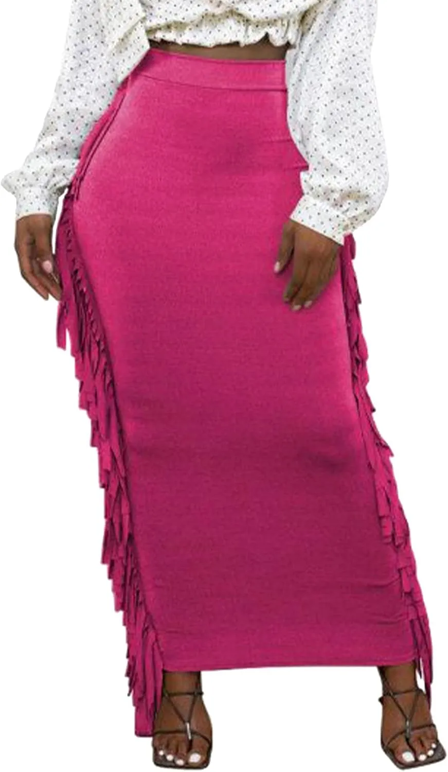 Sexyshine Women's Elastic High Waist Bodycon Side Tassels Maxi Skirts Fringed Long Pencil Skirt Club Party Dresses