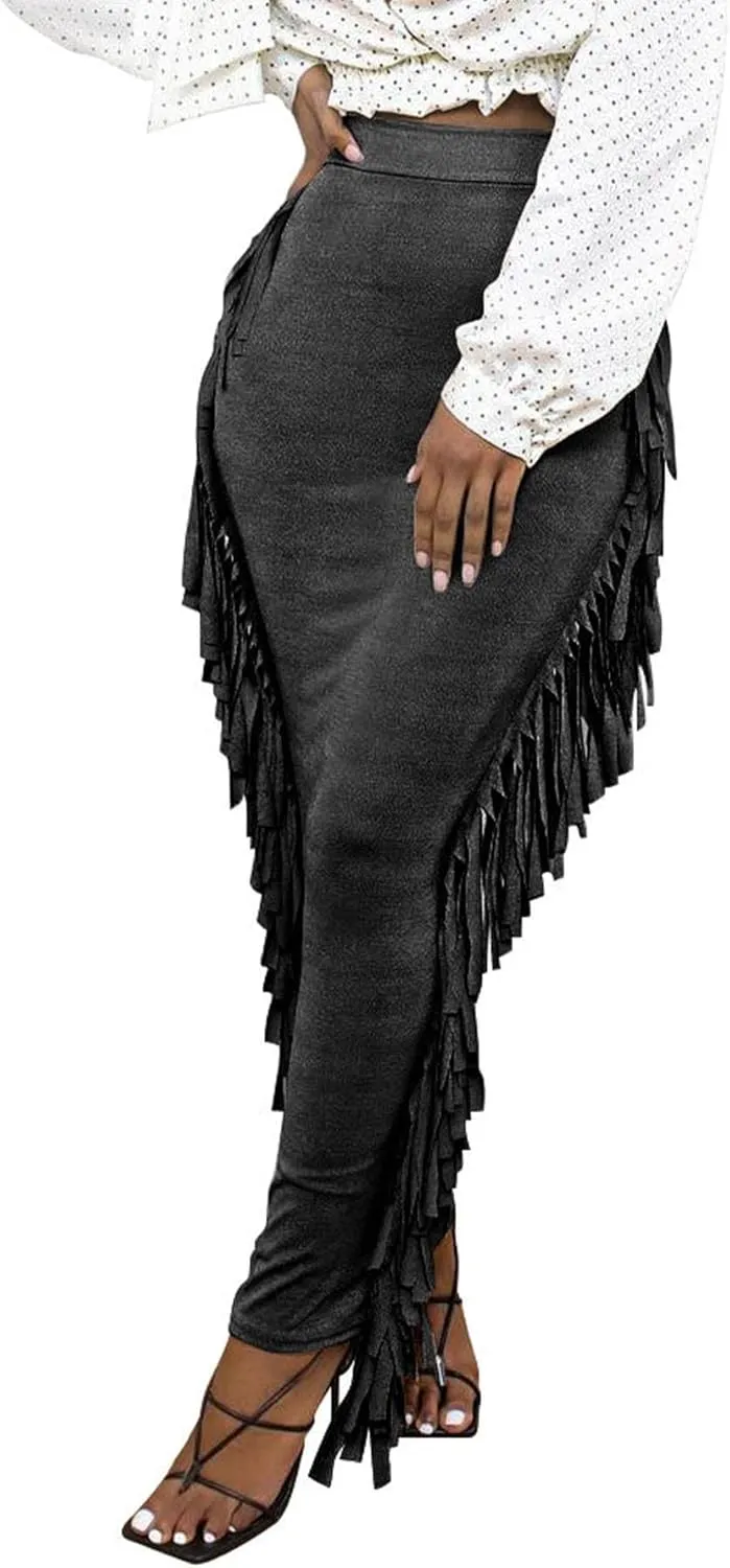 Sexyshine Women's Elastic High Waist Bodycon Side Tassels Maxi Skirts Fringed Long Pencil Skirt Club Party Dresses