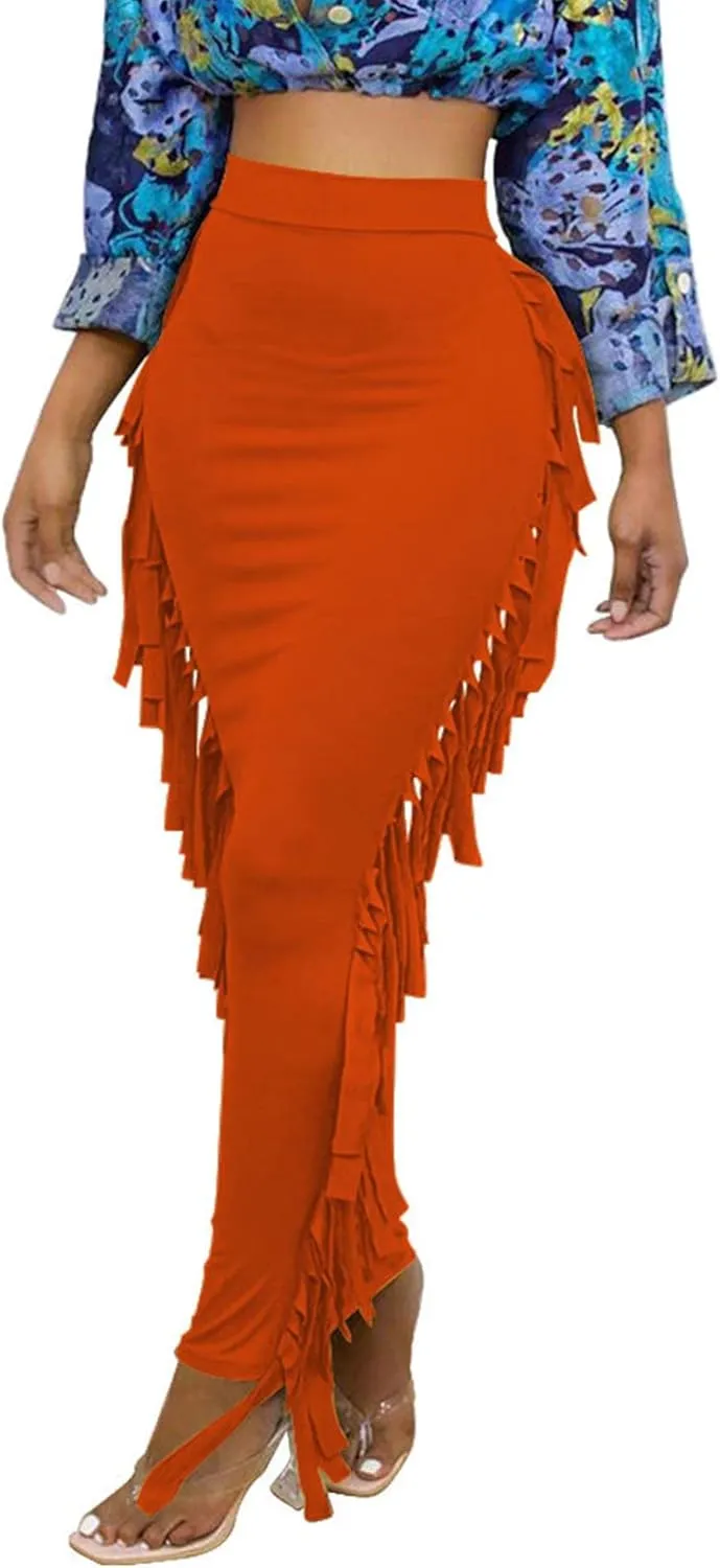 Sexyshine Women's Elastic High Waist Bodycon Side Tassels Maxi Skirts Fringed Long Pencil Skirt Club Party Dresses