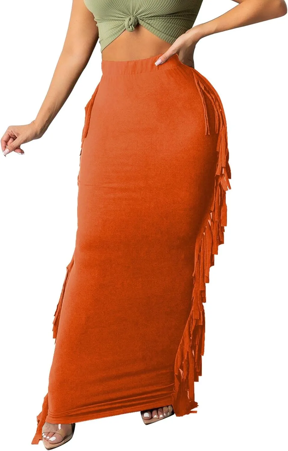 Sexyshine Women's Elastic High Waist Bodycon Side Tassels Maxi Skirts Fringed Long Pencil Skirt Club Party Dresses