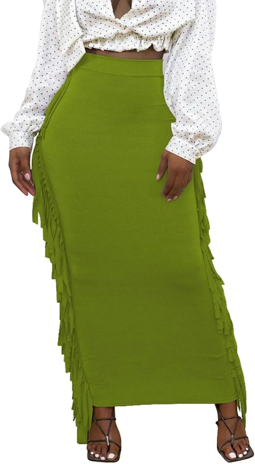 Sexyshine Women's Elastic High Waist Bodycon Side Tassels Maxi Skirts Fringed Long Pencil Skirt Club Party Dresses
