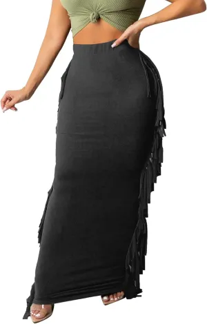 Sexyshine Women's Elastic High Waist Bodycon Side Tassels Maxi Skirts Fringed Long Pencil Skirt Club Party Dresses